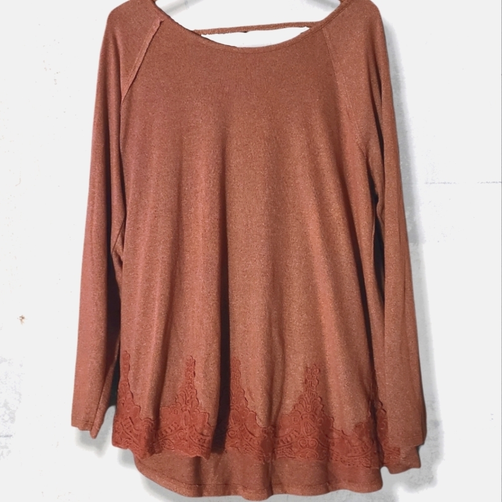 Maurices Terracotta Heather Oversized Lightweight Knit Sweater With Lace Trim 1x